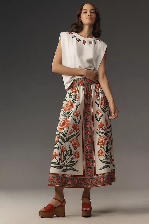 FARM Rio Dresses & Skirts - FARM RIO Ainika Delicate Floral Midi Skirt Size L NWT